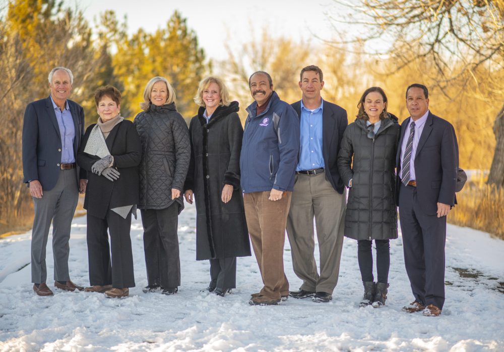 Canal leaders (left to right): Chief Executive Officer Jim Lochhead, Denver Water; Board Chair Paula Herzmark, High Line Canal Conservancy; Chief Executive Officer Harriet Crittenden LaMair, High Line Canal Conservancy; Commissioner Nancy Sharpe, Arapahoe County; Open Spaces Director Shannon Carter, Arapahoe County; Chief Operations and Maintenance Officer Tom Roode, Denver Water; Councilmember Kendra Black, City and County of Denver; and Deputy Executive Director of Parks & Recreation Scott Gilmore, City and County of Denver.